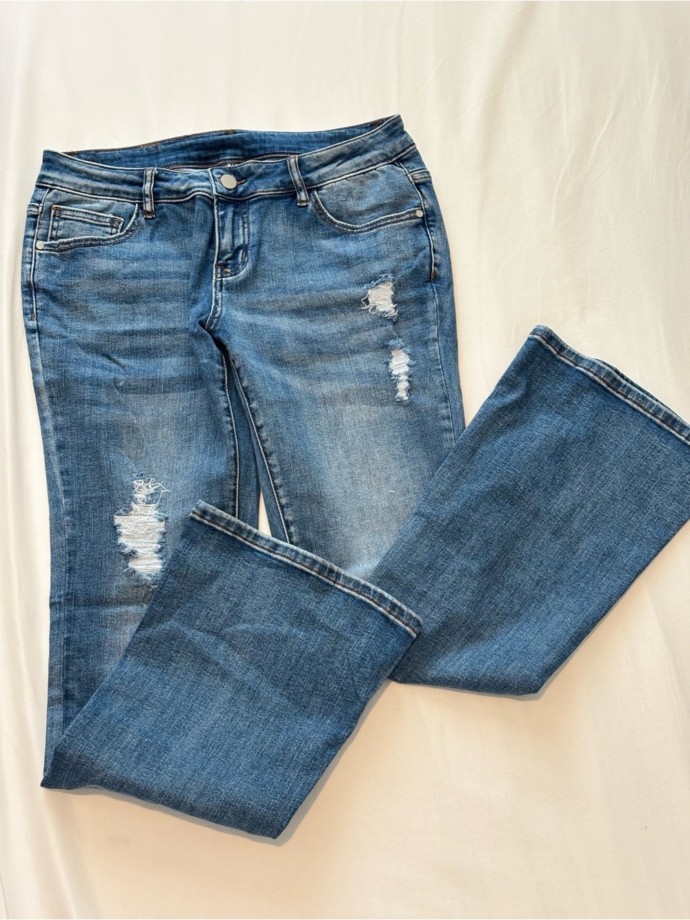 Women’s Distressed Mid-Blue Jeans